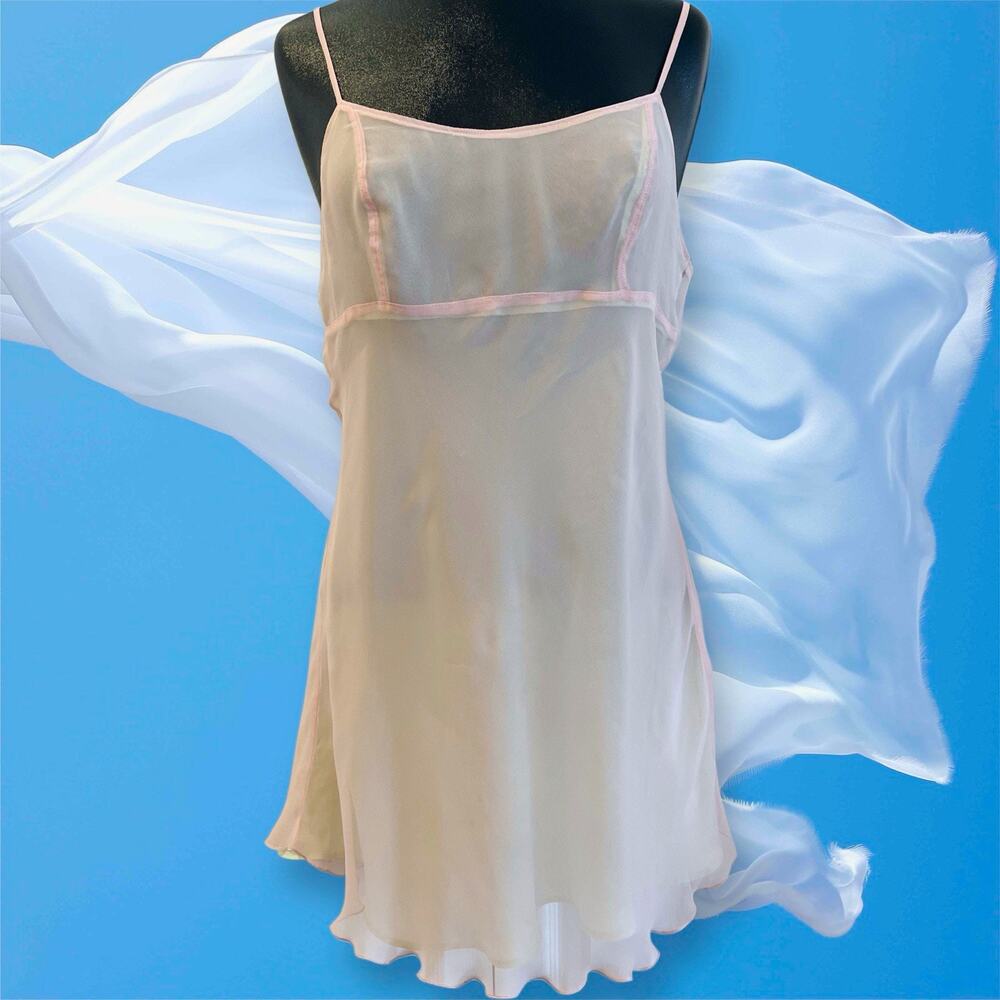 Natori Josie Vintage Pink/Cream Satin Chemise Spaghetti Straps Scoop Neck S